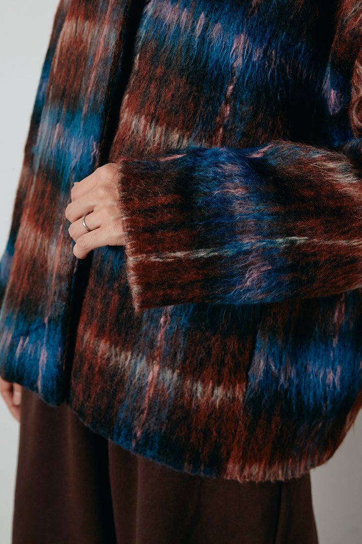 ノーカラーシャギーチェックアウター