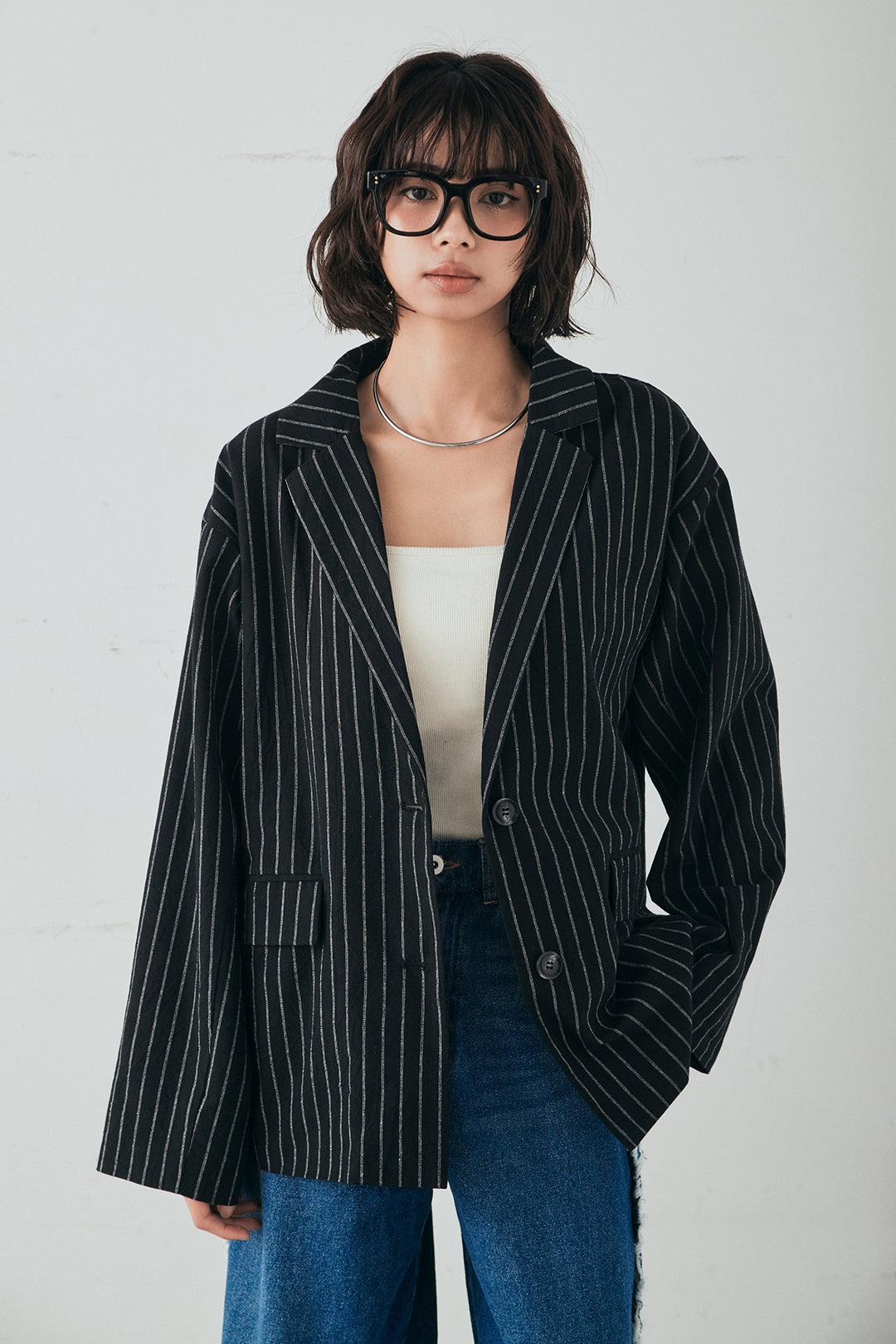 [SET]リネンライクストライプテーラードジャケット+デニムサイドフリルパンツ(2set)