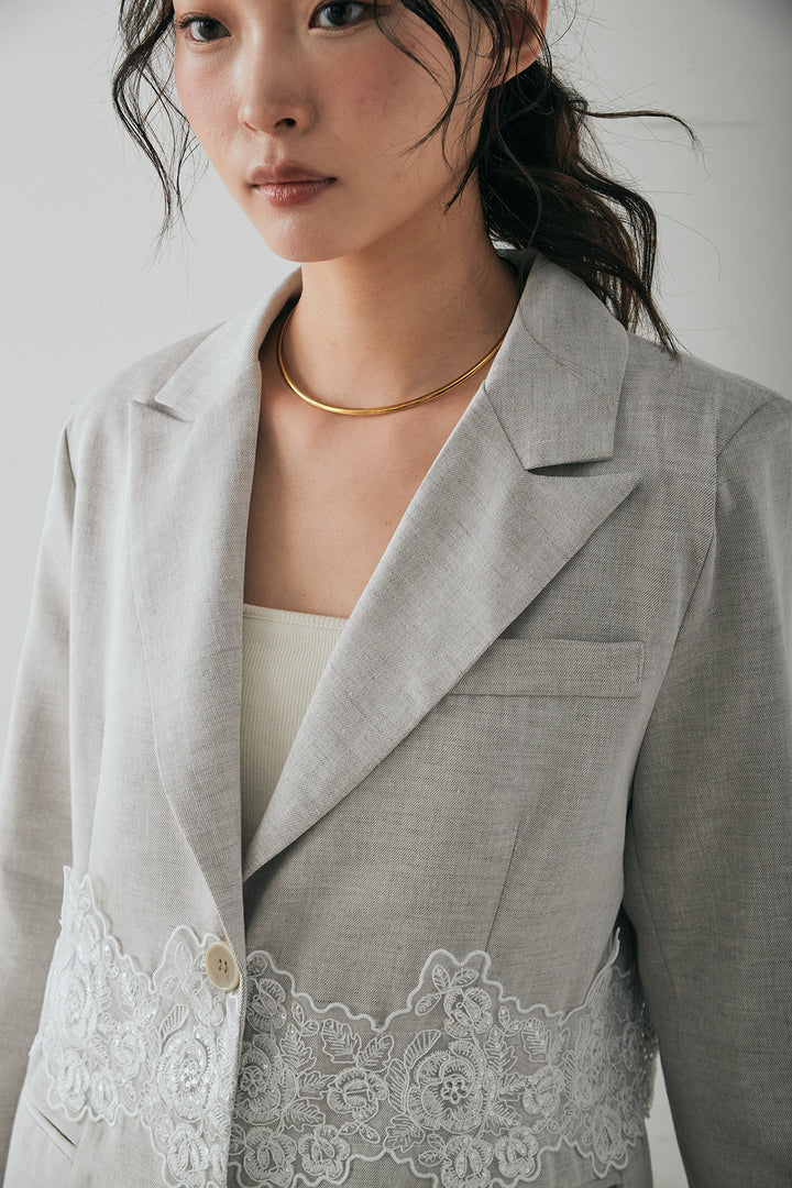 [SET]リネンタッチレースデザインジャケット+裾レースデザインデニムスカート(2set)