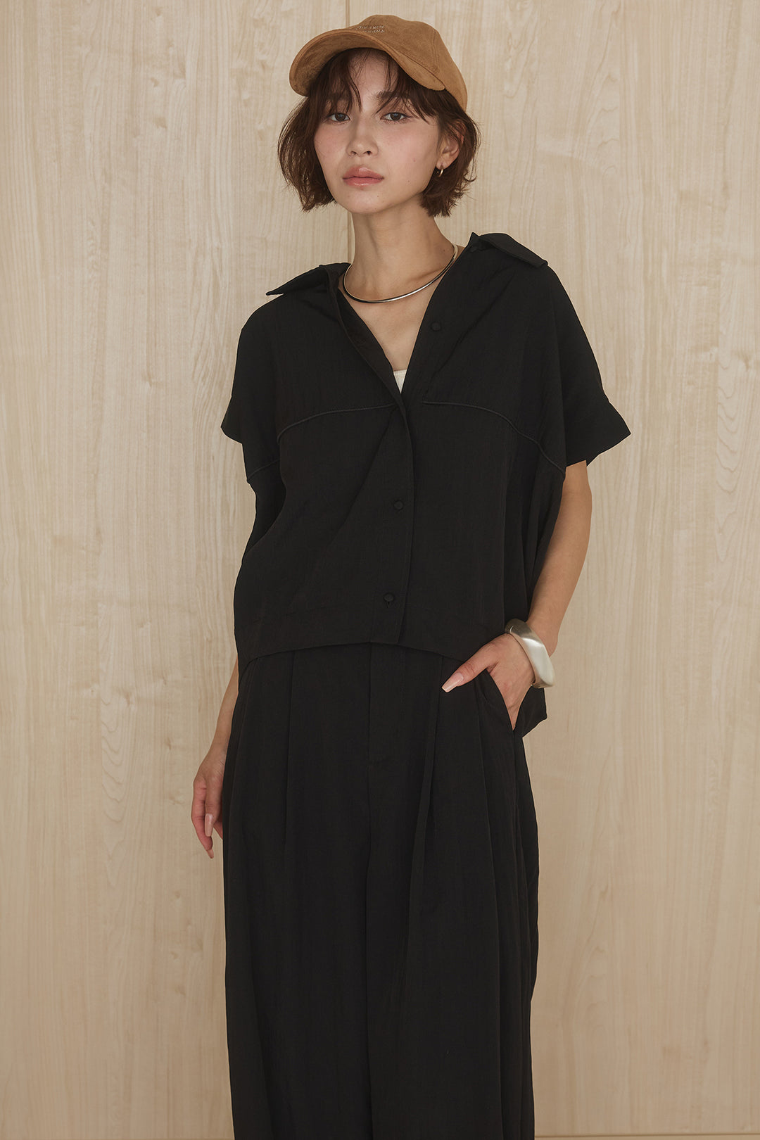 [SET]リネンライクランタンノースリシャツ+リネンライク2タックワイドパンツ(2set)