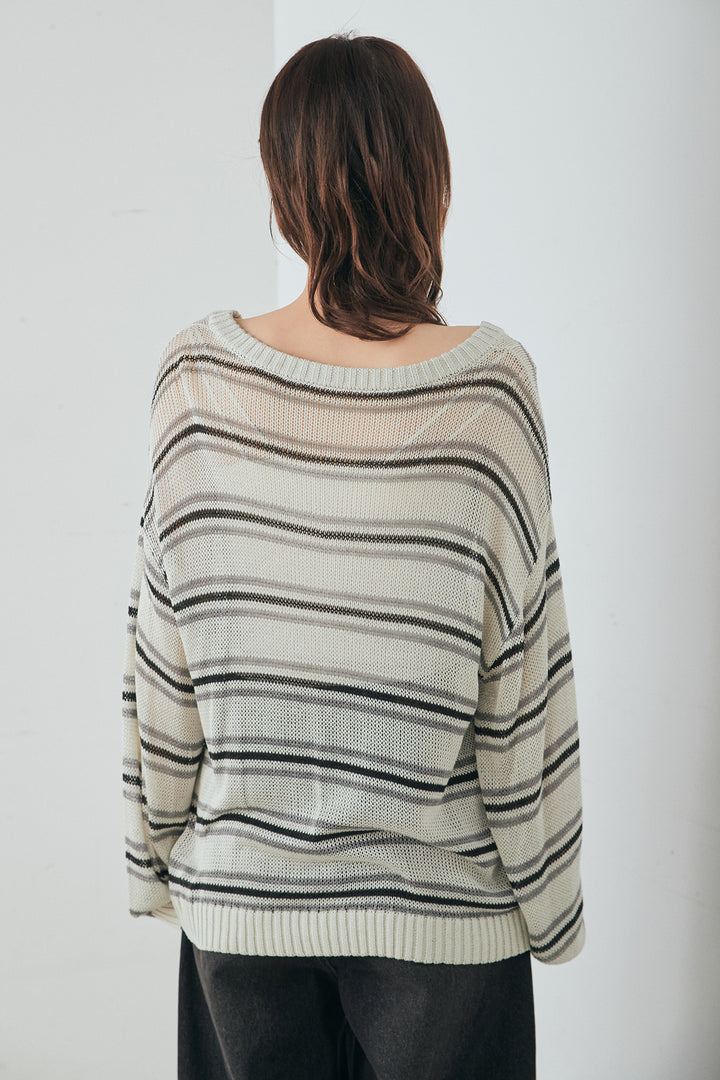 [SET]綿タッチVネックボーダートップス+デニムヨークパンツ(2set)