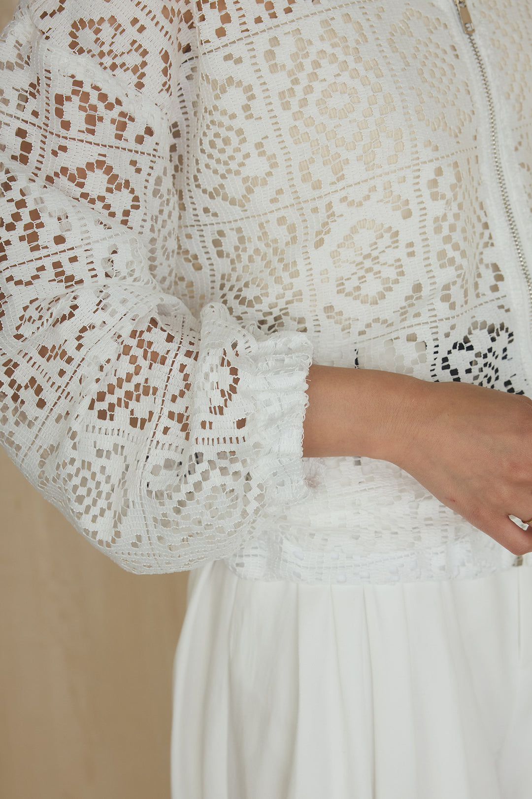 [SET]幾何レースブルゾン+ベルト付きビックループワイドパンツ(2set)