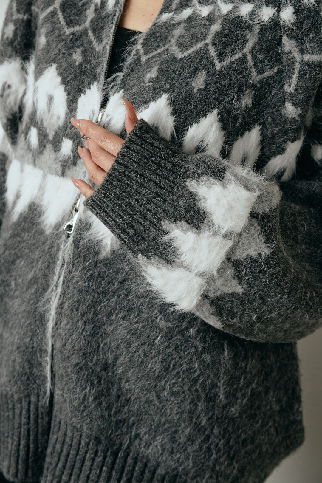 [SET]起毛ダブルジップパターンニットカーディガン+エコスウェードワイドスカート(2set)