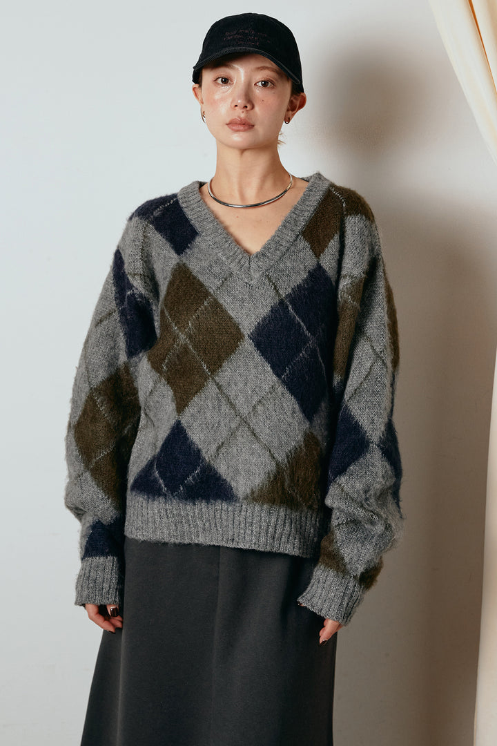 [SET]アクリルモヘアアーガイルVネックプルオーバー+太ベルト付きタックデザインワイドパンツ(2set)