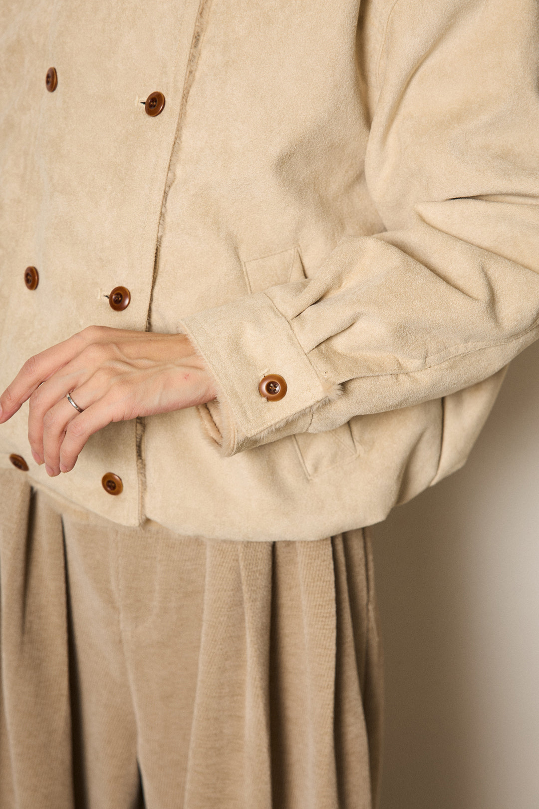 [SET]スタンド襟スウェードライクアウター+デニムロングフレアスカート(2set)