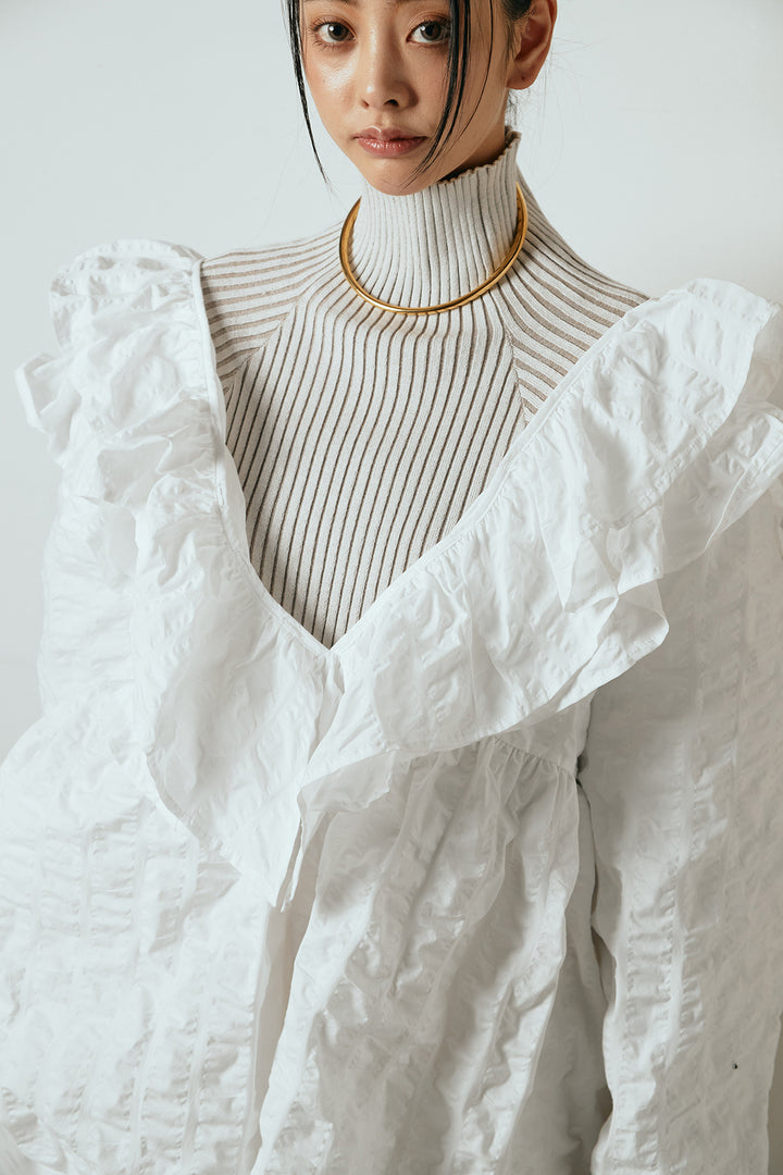 Vネックフリルカラーブラウス