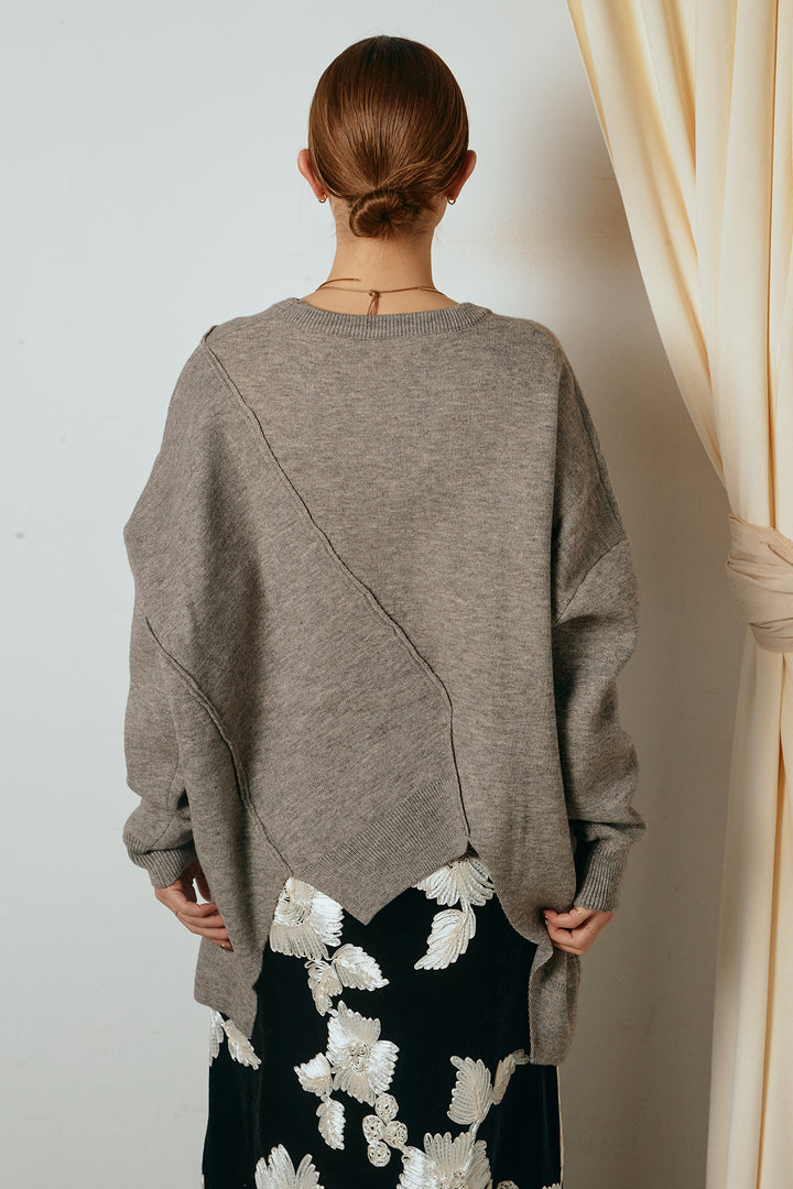 [SET]アシンメトリーデザインニットトップス+リラックスレオパード柄ワイドパンツ(2set)