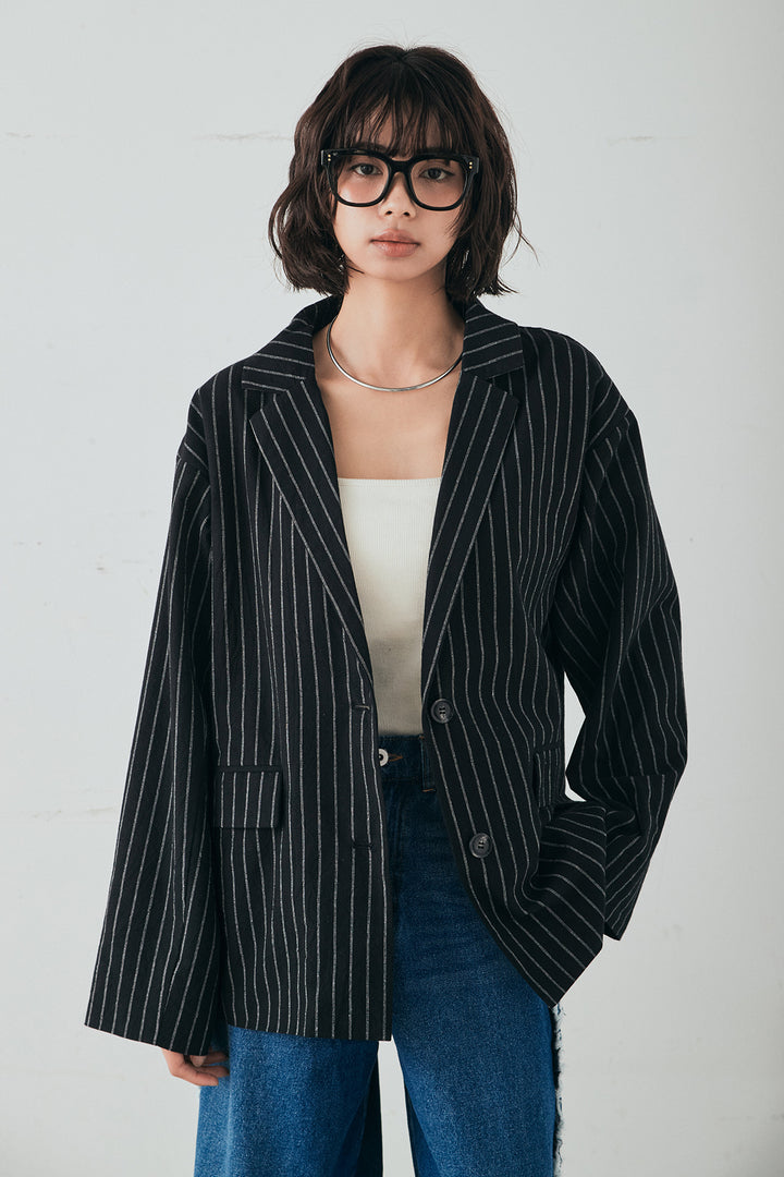 [SET]リネンライクストライプテーラードジャケット+リネンライクストライプタックイージーパンツ+サテンレースアシメキャミ(3set)