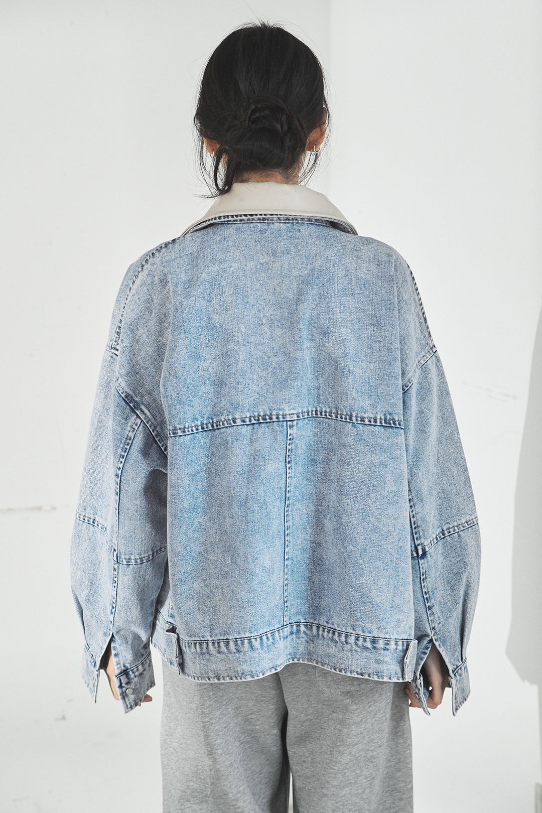 [SET]加工デニムレザー襟付きデニムブルゾン+カットリブレイヤードヘンリーネックワンピース(2set)