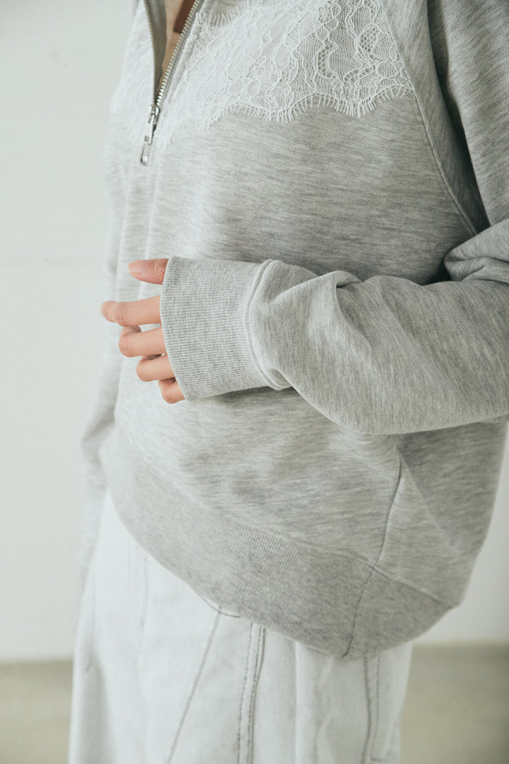 [SET]リバーレースハーフジップ裏毛スウェット+ツイル配色ステッチバレルパンツ(2set)