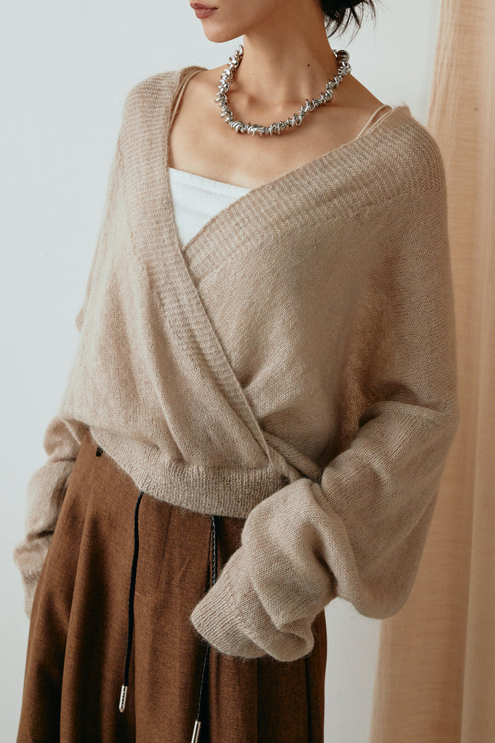 [SET]カシュクールデザインニット+細ベルト付きワイドパンツ(2set)