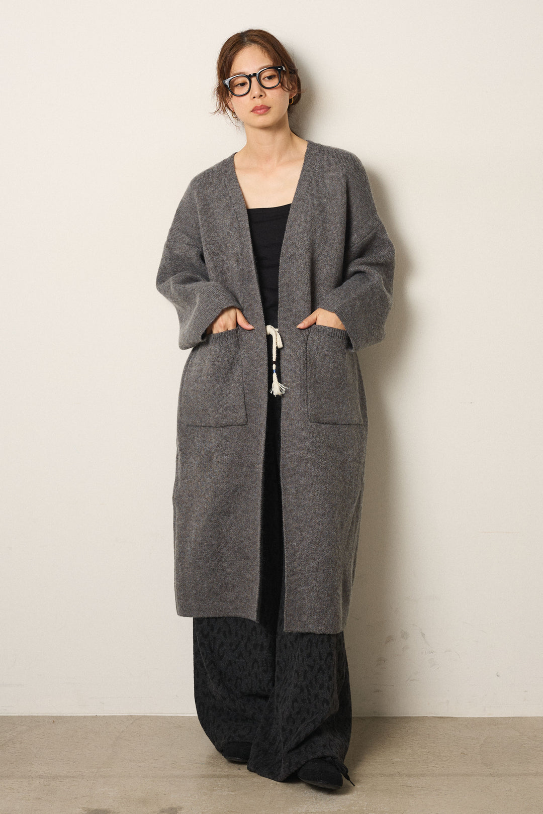 [SET]ケープレイヤードロングカーディガン+レオパードジャガードニットパンツ(2set)