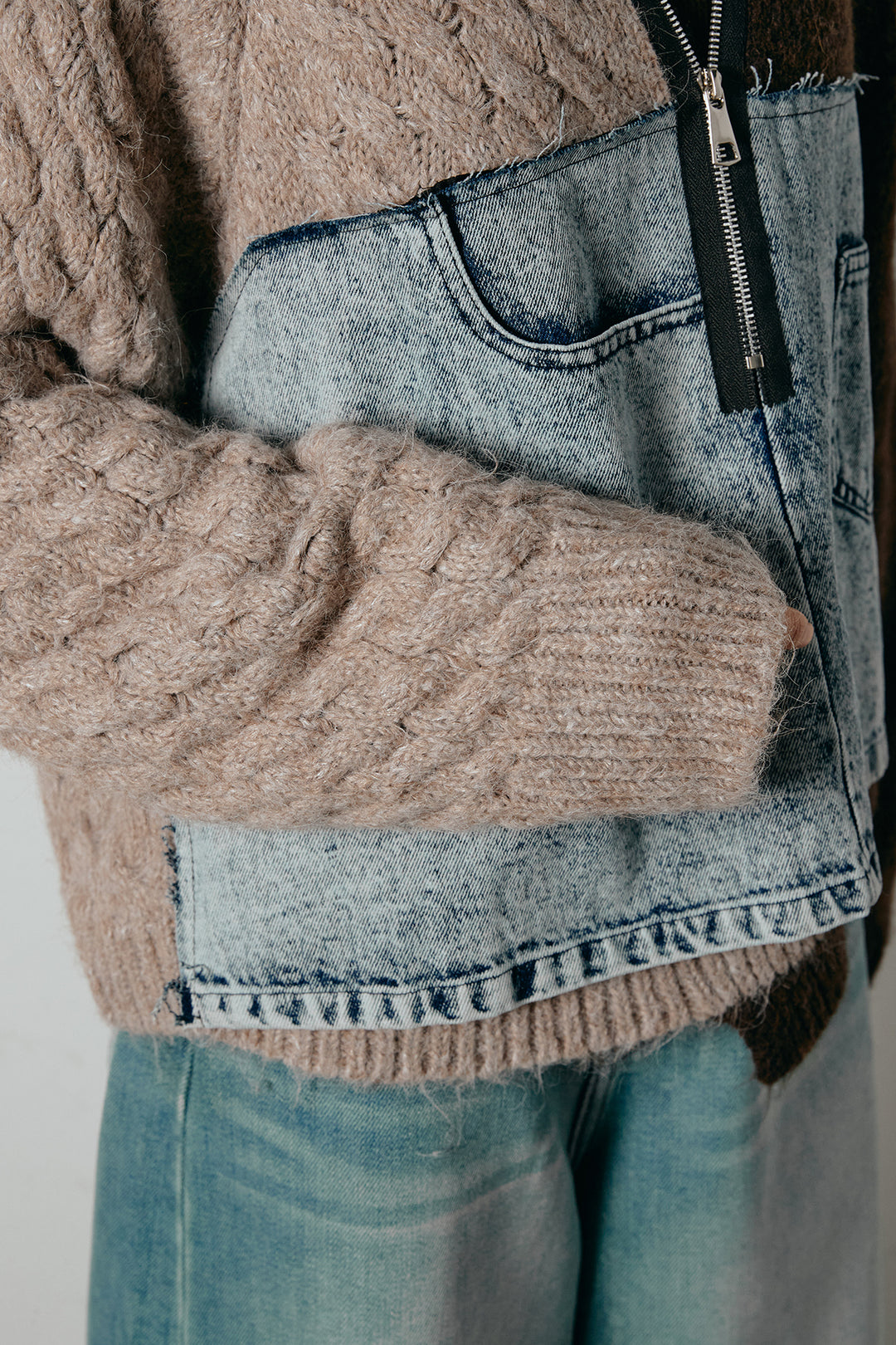 [SET]ハーフジップニットデニムドッキングトップス+裏起毛スウェットワイドパンツ(2set)