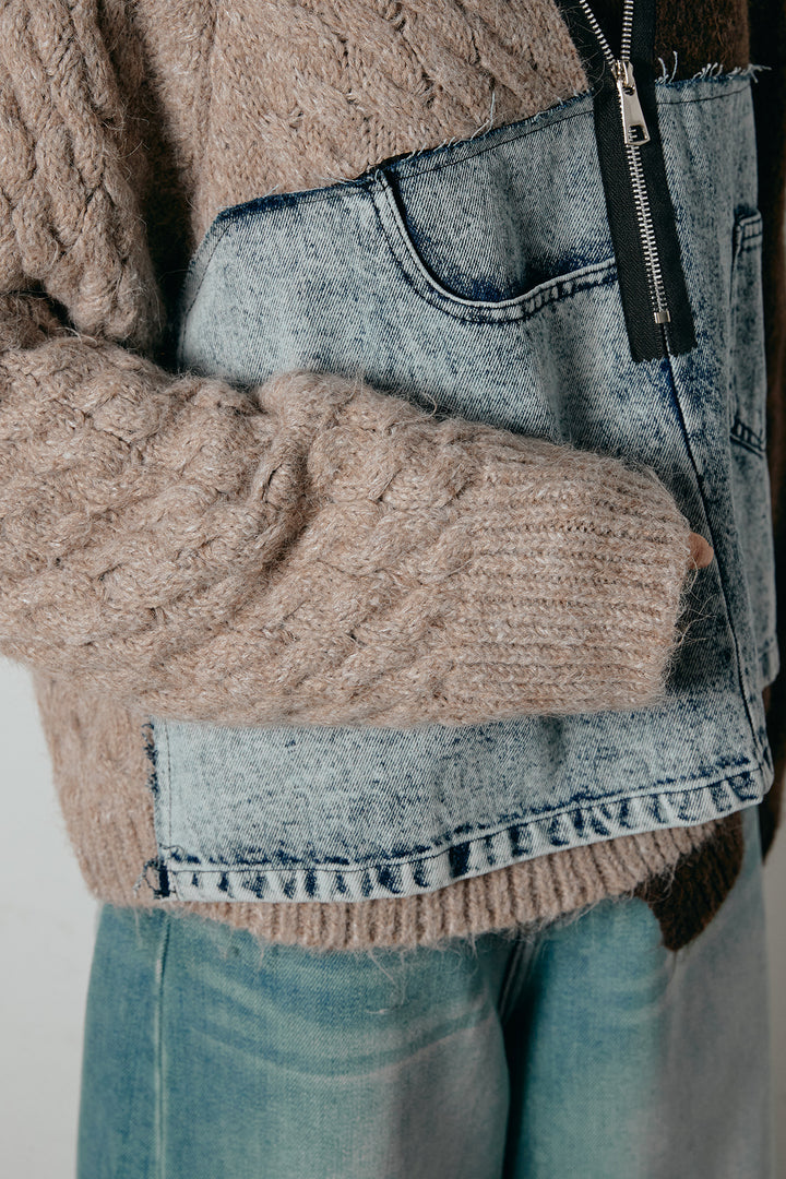 [SET]ハーフジップニットデニムドッキングトップス+裏起毛スウェットワイドパンツ(2set)