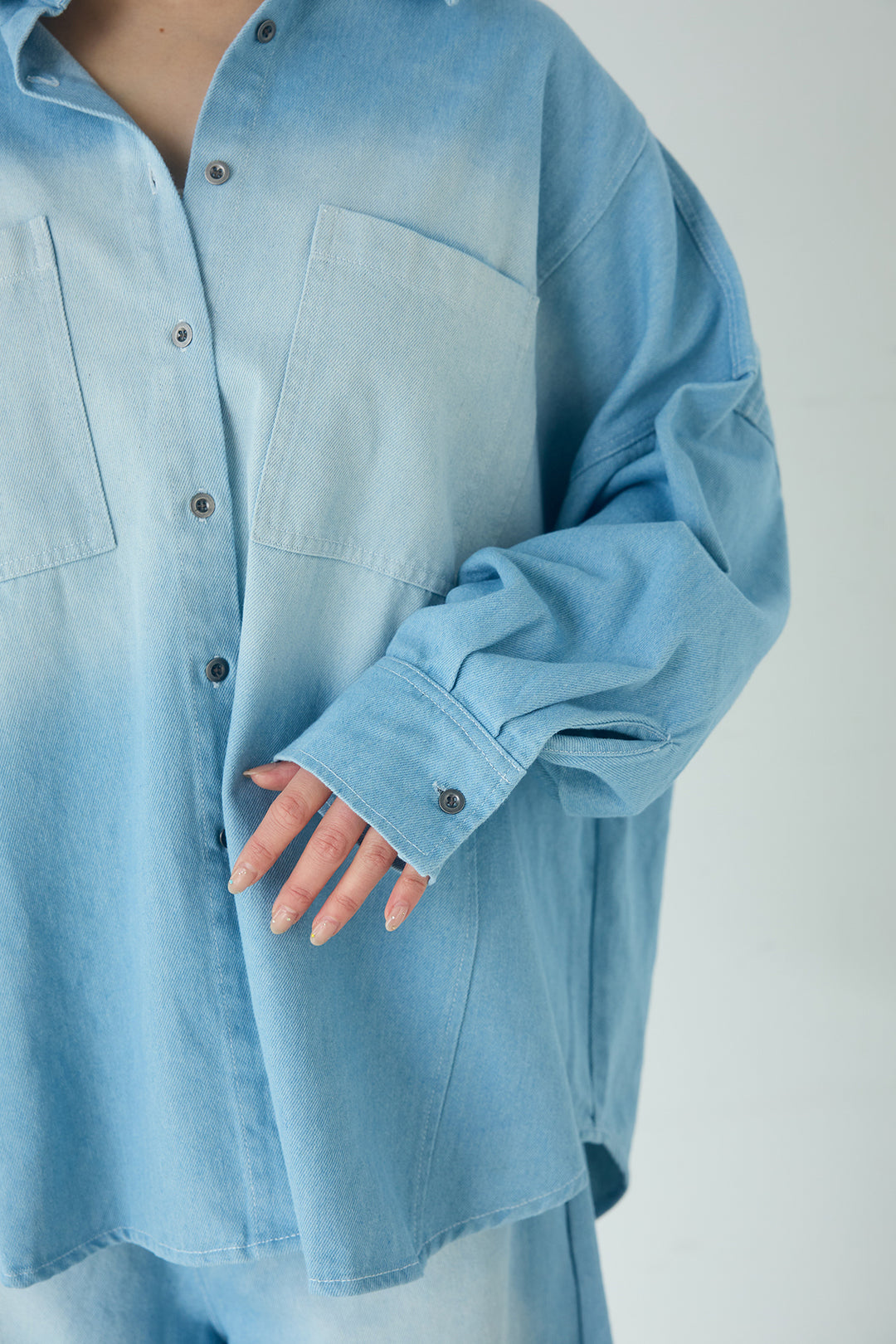 [SET]ヴィンテージ加工デニムオーバーシャツ+ヴィンテージ加工デニムワイドパンツ(2set)