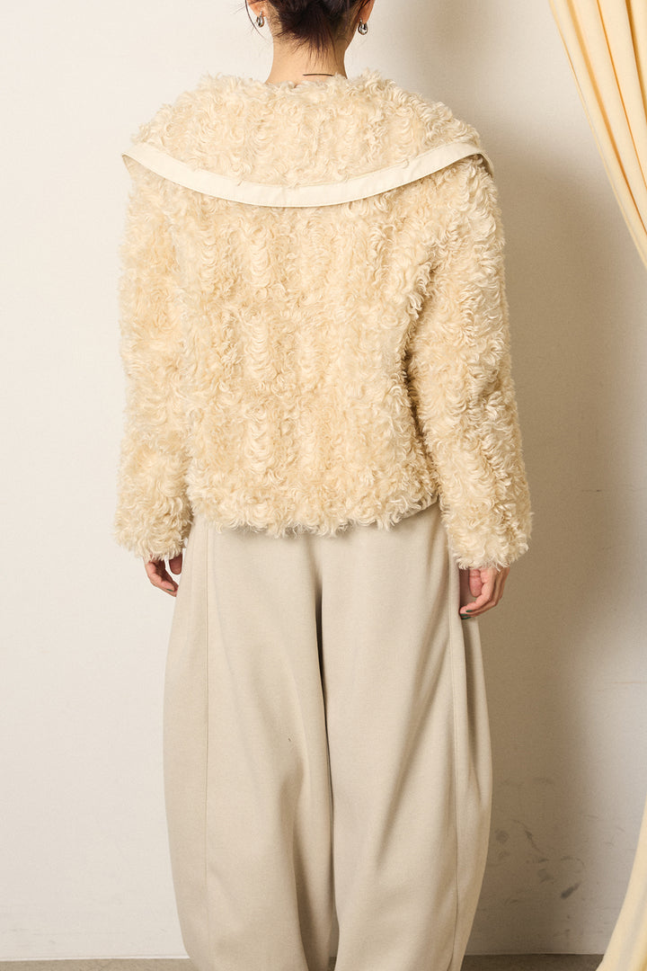 [SET]ビッグカラープードルボアアウター+編みベルト付きワイドパンツ(2set)