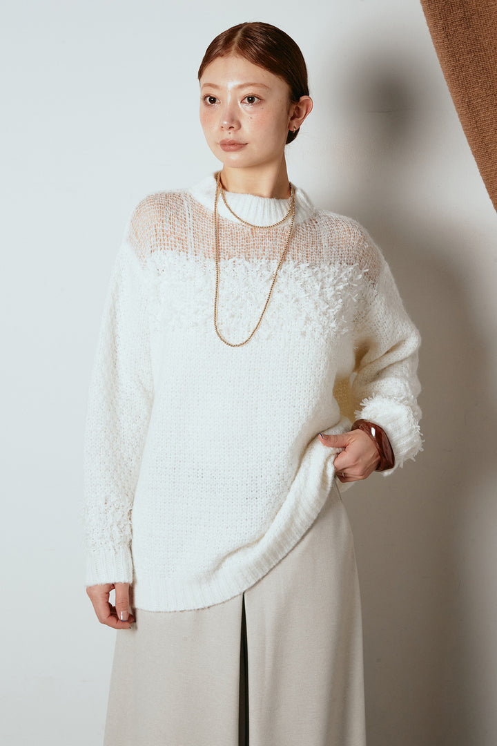 [SET]パターンランダム編みニットトップス+ベルト付きニュアンス柄カーブワイドパンツ(2set)