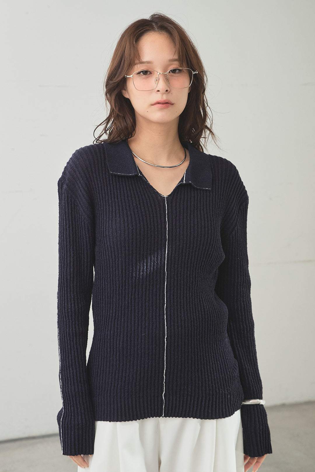 [SET]衿付きニットプルオーバー+ベルト付きツータックワイドパンツ(2set)