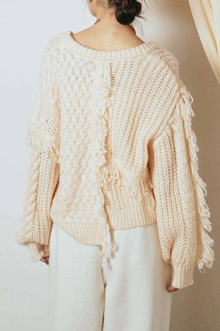 [SET]ランダムフリンジニットカーディガン+裏起毛スウェットワイドパンツ(2set)