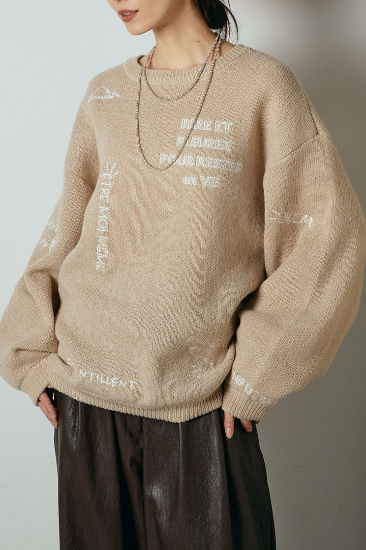 【即納】刺繍ロゴランダムデザインニットトップス