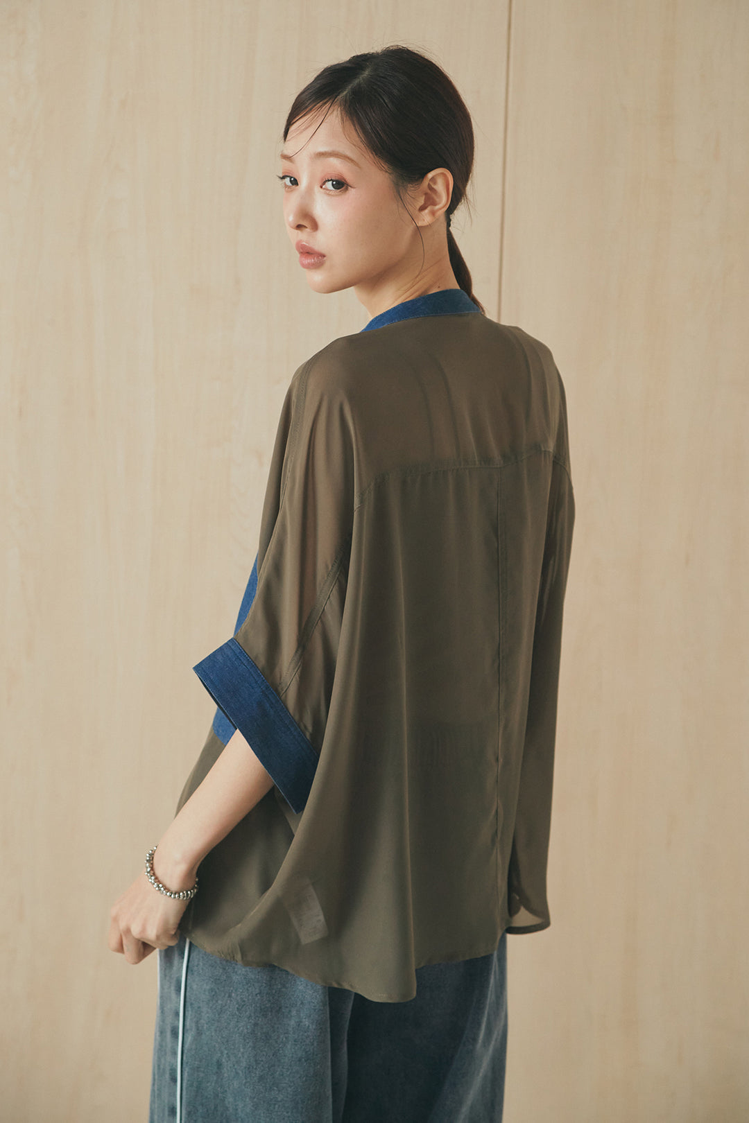 [SET]デニムライクビッグツーポケシアーシャツ+ベルトループデザインハイウエストタックパンツ(2set)