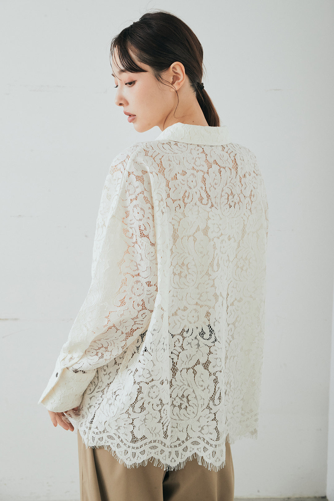 [SET]レース裾スカラップシャツ+ベルトループデザインハイウエストタックパンツ(2set)