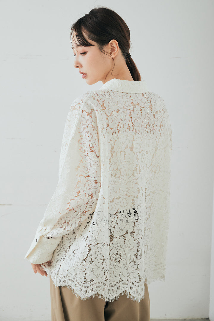 [SET]レース裾スカラップシャツ+ベルトループデザインハイウエストタックパンツ(2set)