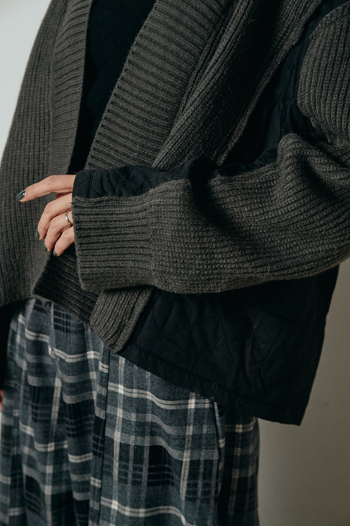 [SET]キルティング切り替えニットカーディガン+ウエストラップ巻きニットスカート(2set)