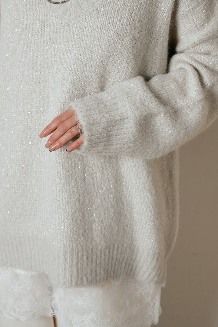 [SET]Vネックルーズラメニットトップス+スウェードライク裾フリンジスカート(2set)