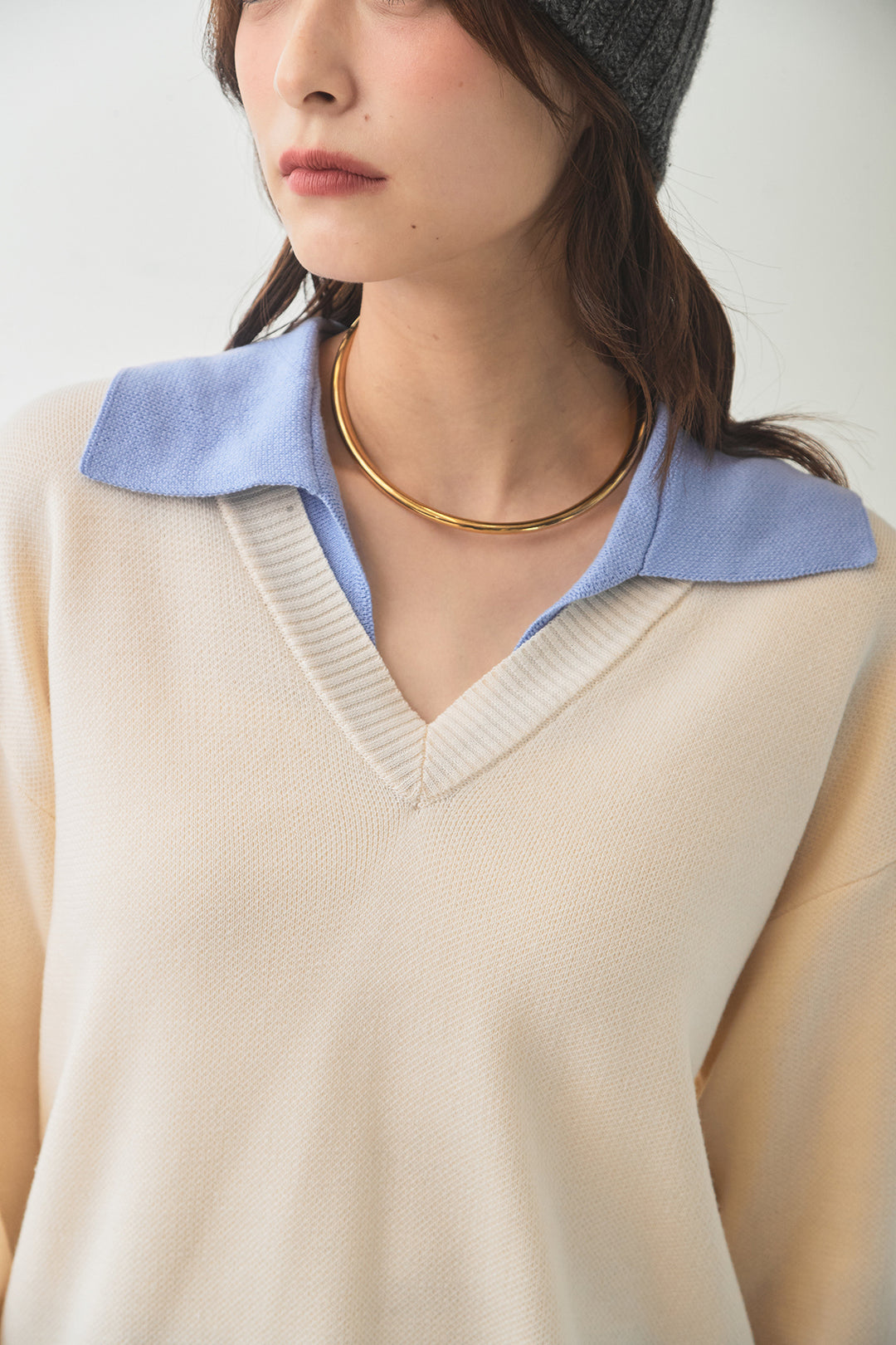 [SET]バイカラーニットレイヤード風プルオーバー+Aラインデニムスカート(2set)