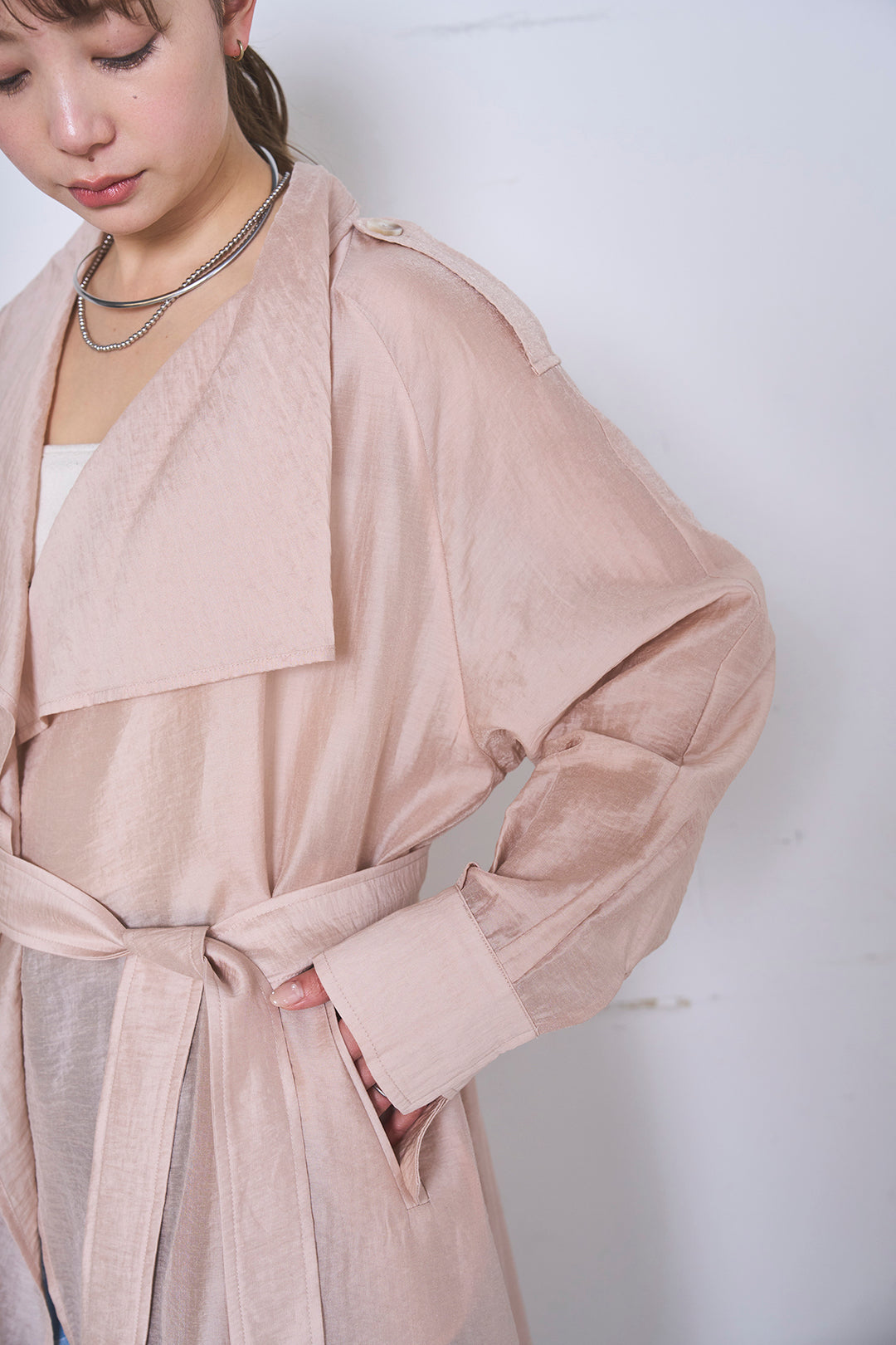 [SET]ロングシアーアウター+パッチワーク風デニムワイドパンツ(2set)