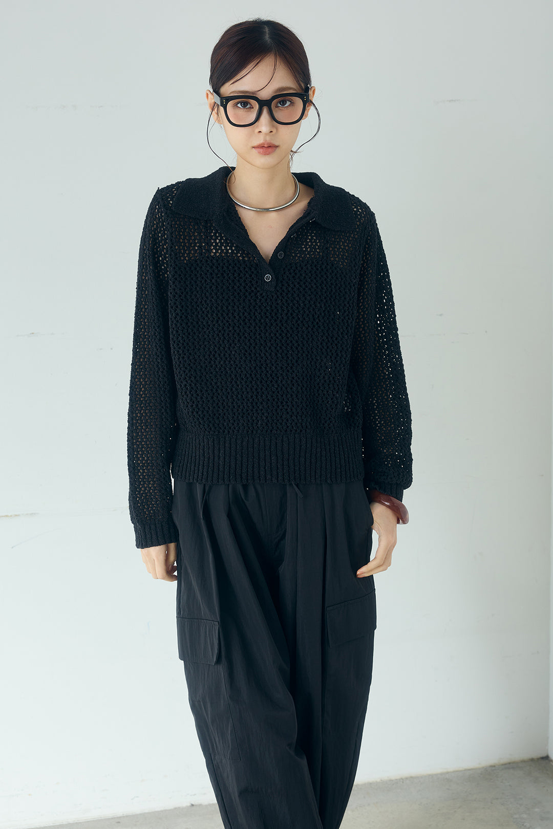 [SET]ミックスメッシュポロニット+麻混タックワイドパンツ(2set)