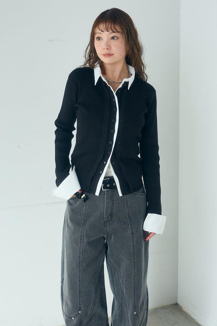 [SET]シャツドッキングボタンニットカーディガン+異素材切り替えスウェットパンツ(2set)