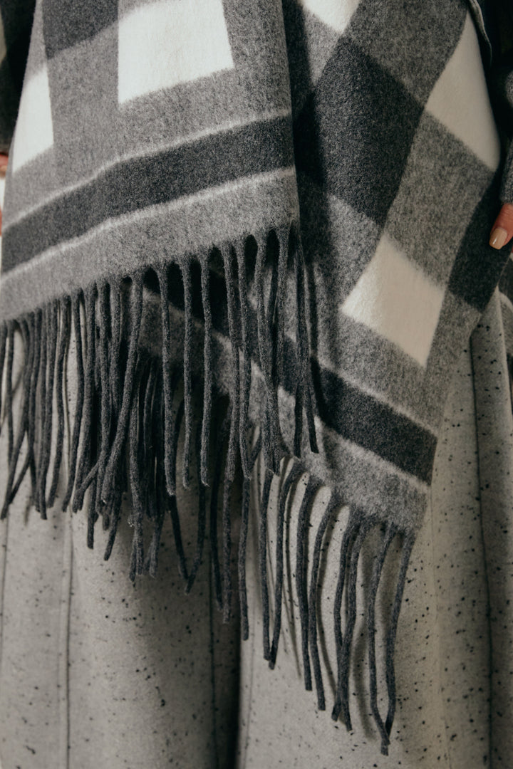 [SET]裾フリンジ柄ポンチョアウター+ノースリーブニットロングワンピース(2set)