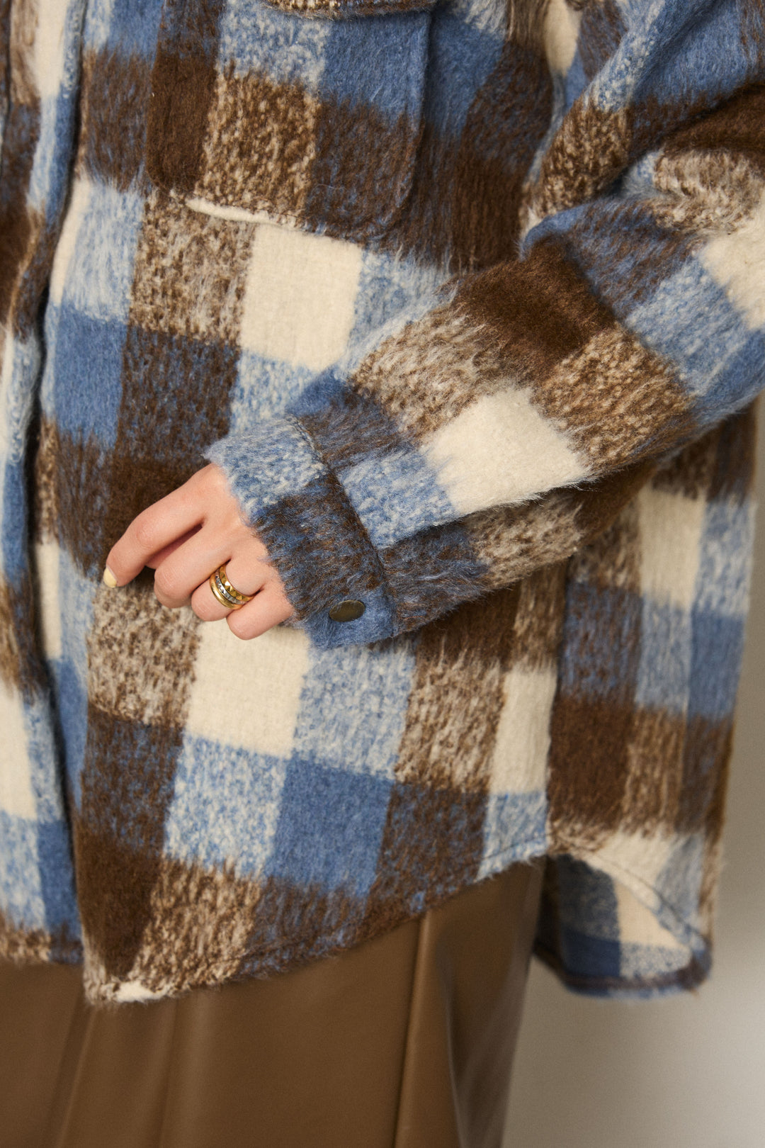 [SET]起毛チェック柄ポケットアウター+ストレッチエコレザーバミューダパンツ(2set)