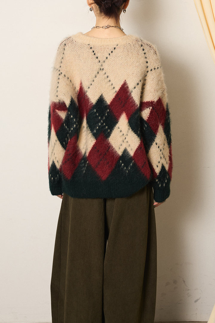 [SET]配色アーガイル柄ニットトップス+編みベルト付きワイドパンツ(2set)