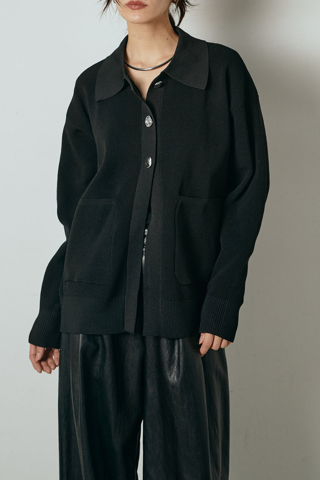 [SET]メタル釦衿付きニットカーディガン+リラックスレオパード柄ワイドパンツ(2set)