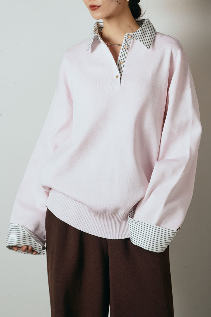 【即納】ストライプシャツドッキングポロトップス