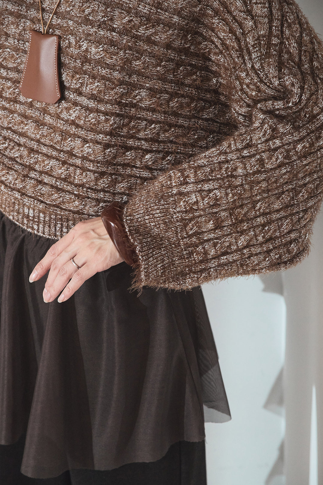 [SET]ミックス編みドルマンニットトップス+チュールレイヤードニットパンツ(2set)