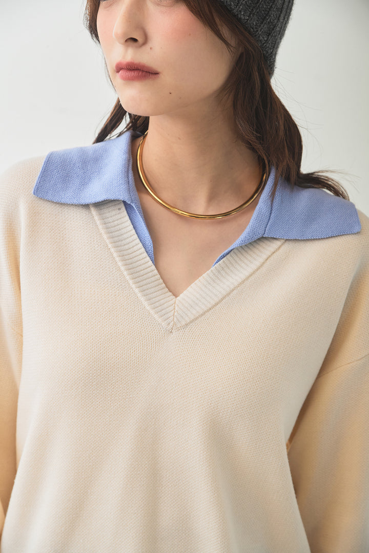 [SET]バイカラーニットレイヤード風プルオーバー+サイドベルトタック入りスラックス(2set)