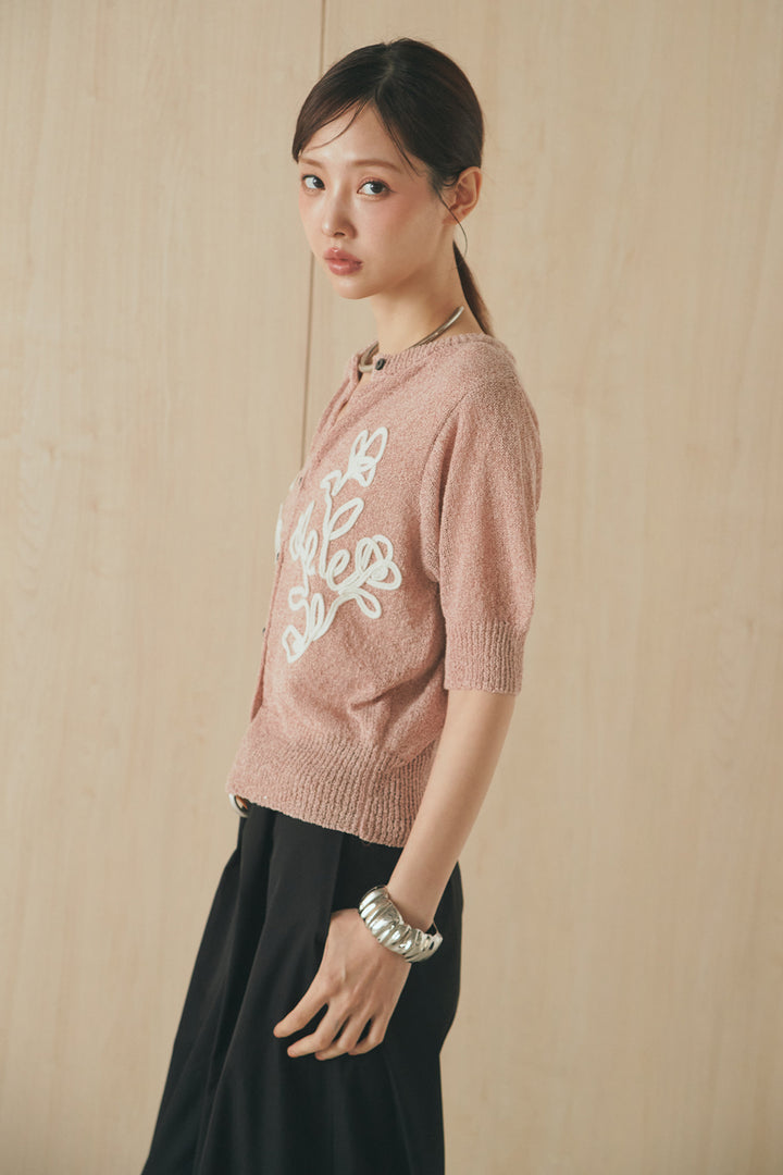 [SET]フロントテープデザイン半袖カーディガン+サイドベルトカーブワイドパンツ(2set)