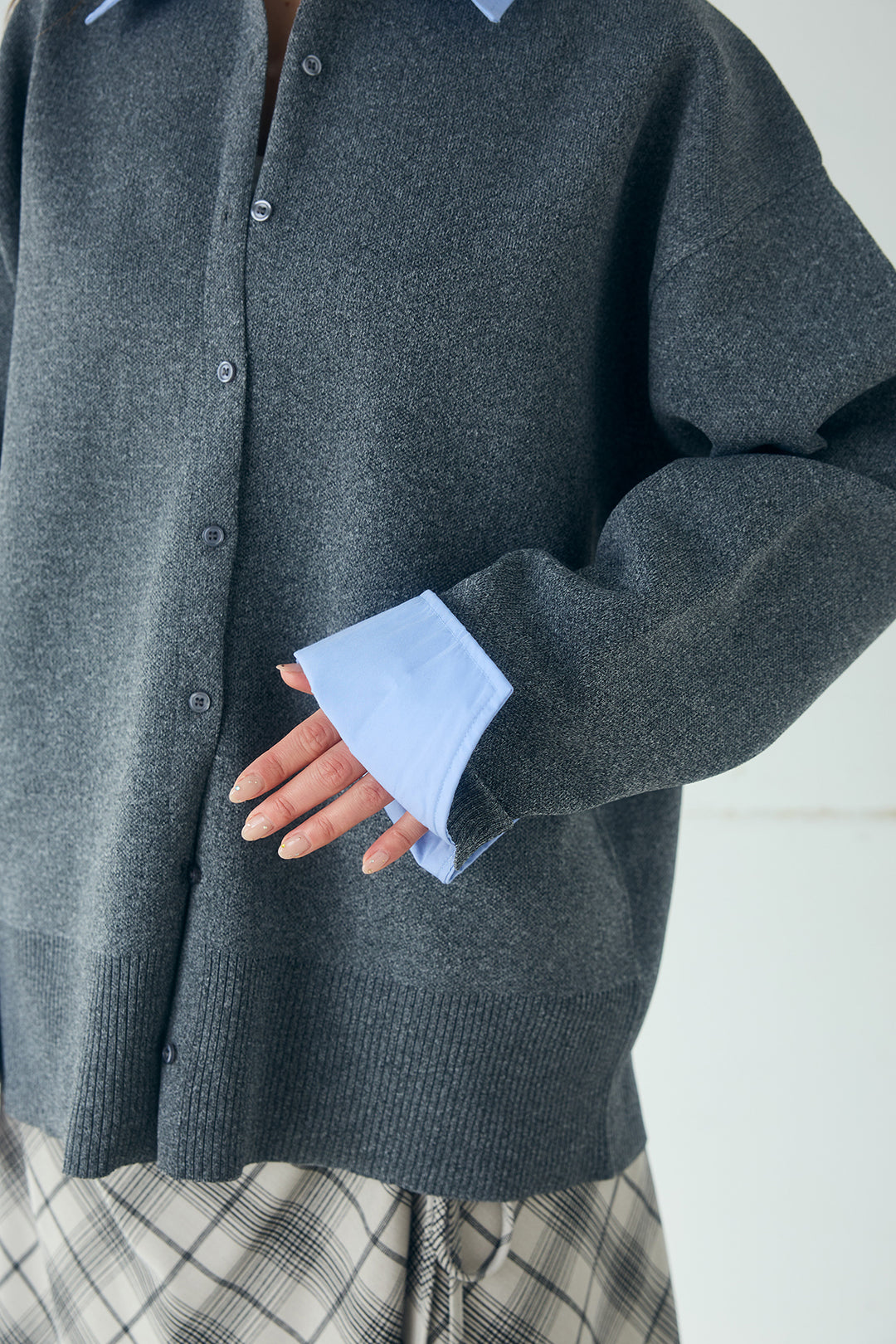 [SET]シャツレイヤード風カーディガン+レイヤードニット巻きスカート(2set)