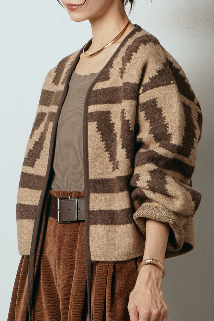 [SET]ノーカラー幾何学模様アウター+ベルトループコーデュロイワイドパンツ(2set)