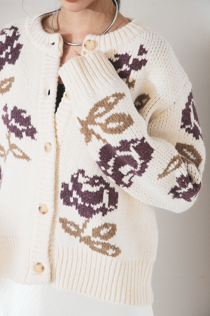 [SET]花柄ジャガードニットカーディガン+裾レースデザインサテンスカート(2set)