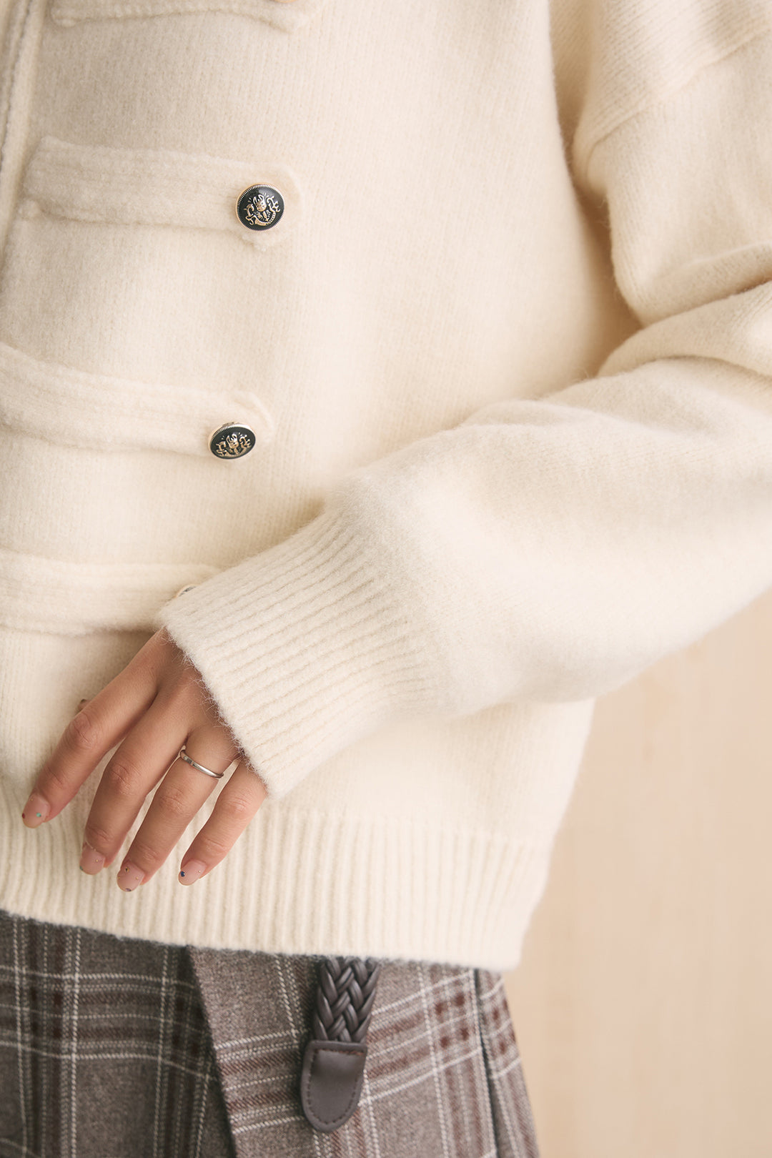 [SET]ナポレオンボタンハイネックニットブルゾン+ブリティッシュチェックバレルパンツ(2set)
