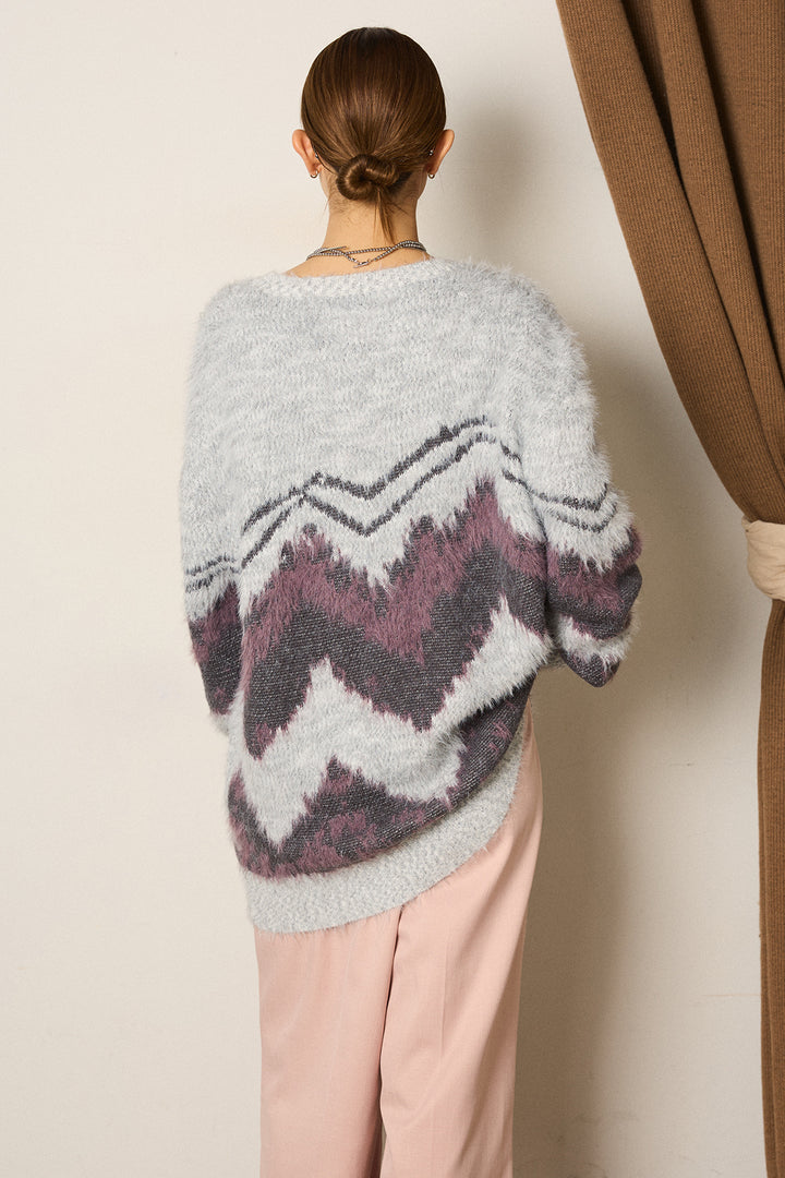 【即納】シャギーニュアンスライン柄ニットトップス