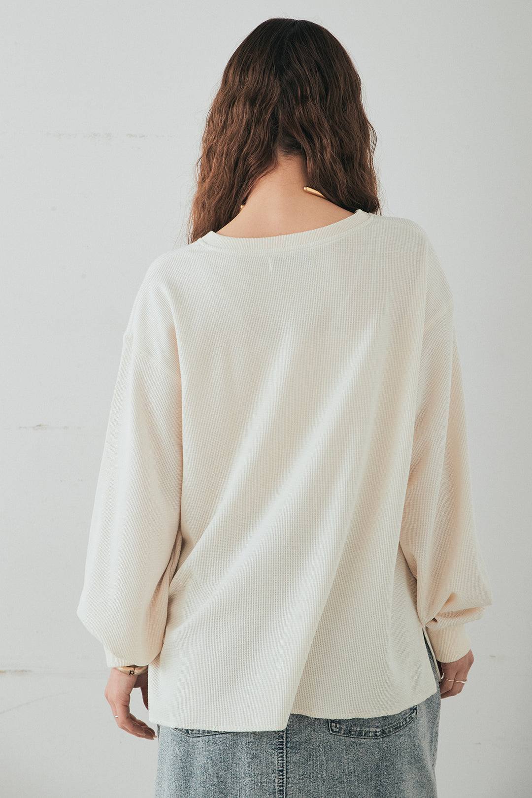 [SET]レースアップワッフルボーダートップス+ウエストクロスデニムタイトスカート(2set)