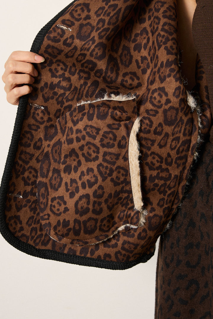 [SET]ノーカラー裏地レオパードボアアウター+レオパードジャガードニットパンツ(2set)