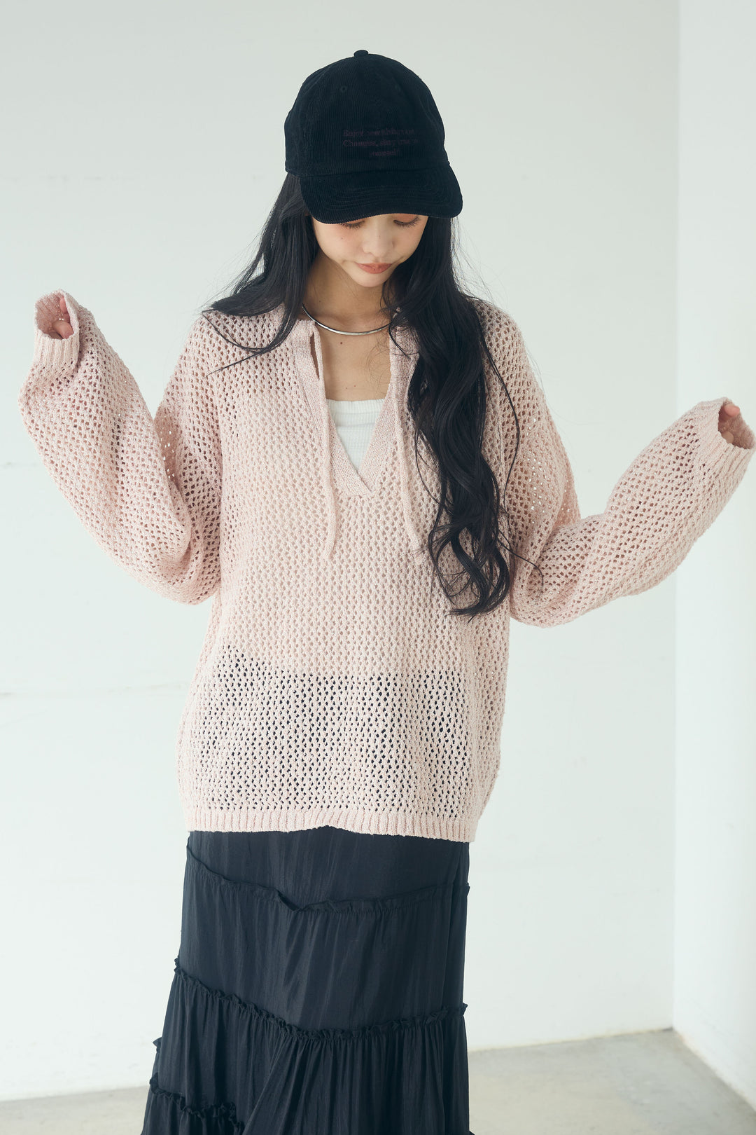 [SET]ミックスメッシュキーネックプルオーバー+シアーチュールレイヤードワイドパンツ(2set)