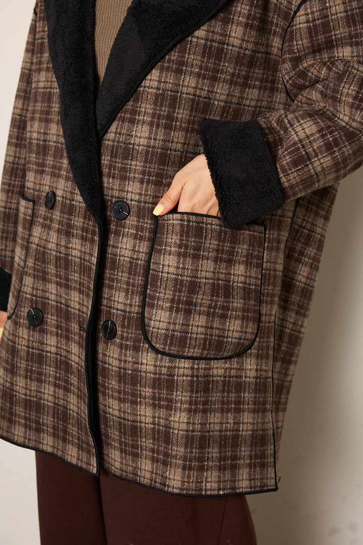 裏地ボアタータンチェック柄ミディアムコート